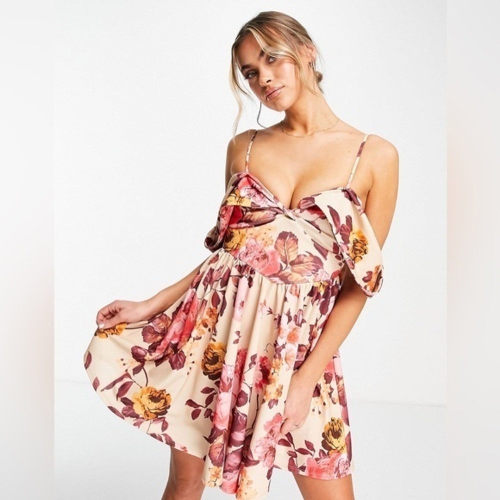 ASOS Blush Pink Floral A line Cold Shoulder Rose Print Mini Dress